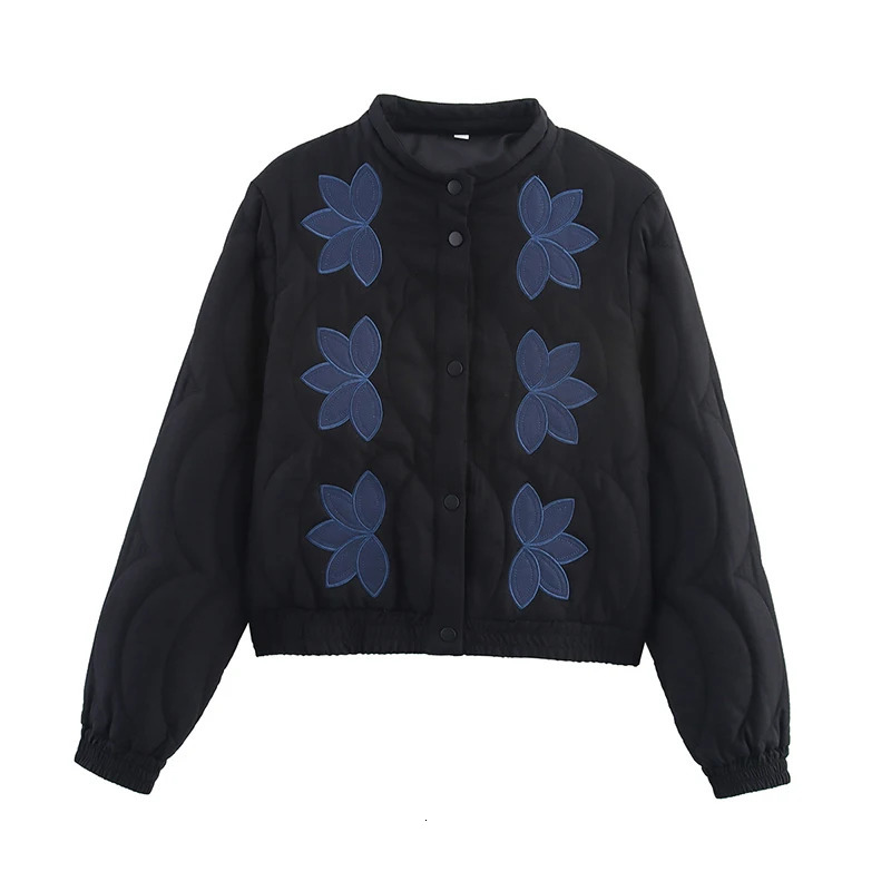 YENKYE Autumn Women Floral Embroidery Quilted Jacket Coat Stand Collar Long Sleeve Casual Vintage Outerwear 251020