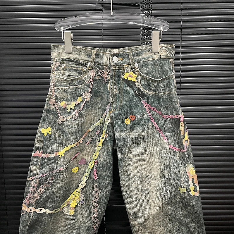 DEAT Fashion Womens 3D Chain Printed Contrast Color Jeans Niche High Waist Casual Denim Pants Female Trendy 11A04071 251023
