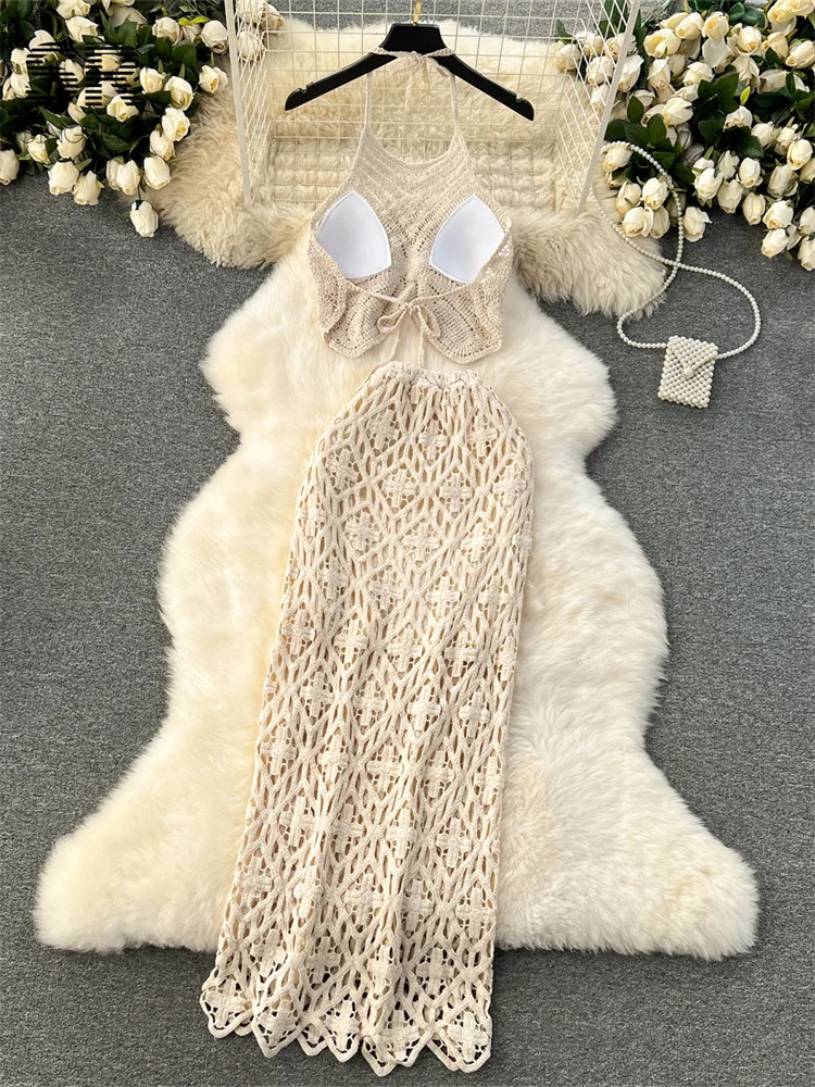 SINGREINY Vacation Two Piece Set Women Backless Camisole Halter Hollow Out Elastic Waist Long Skirt Summer Casual Knit Suit 251020