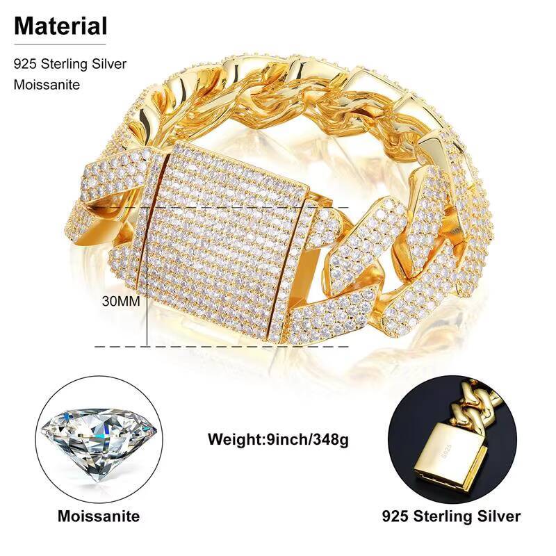 Luxury Bling Hiphop Jewelry Gold Plated 925 Sterling Silver 3 Rows VVS Moissanite Diamond Iced Out Cuban Link Bracelet for Men