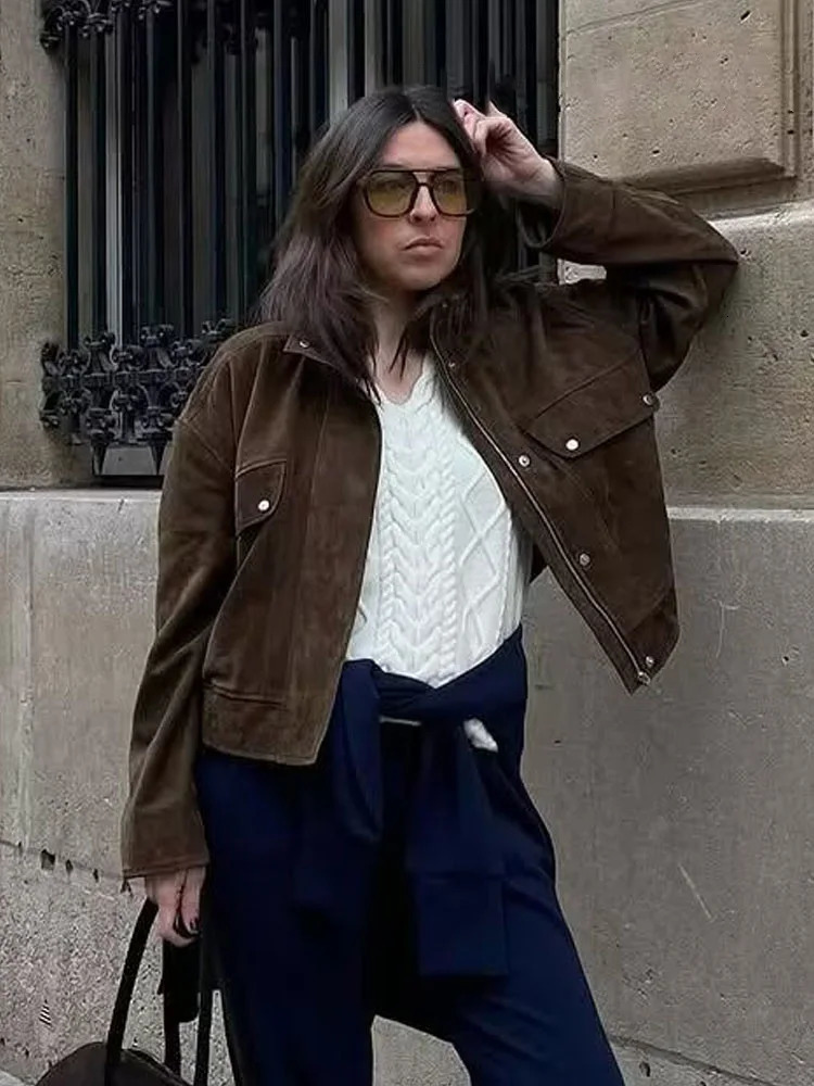 HH Womens Autumn Suede Textured Jacket Female Fashion Long Sleeves Zipper High Neck Pockets Decorative Casual Street Coats 251020