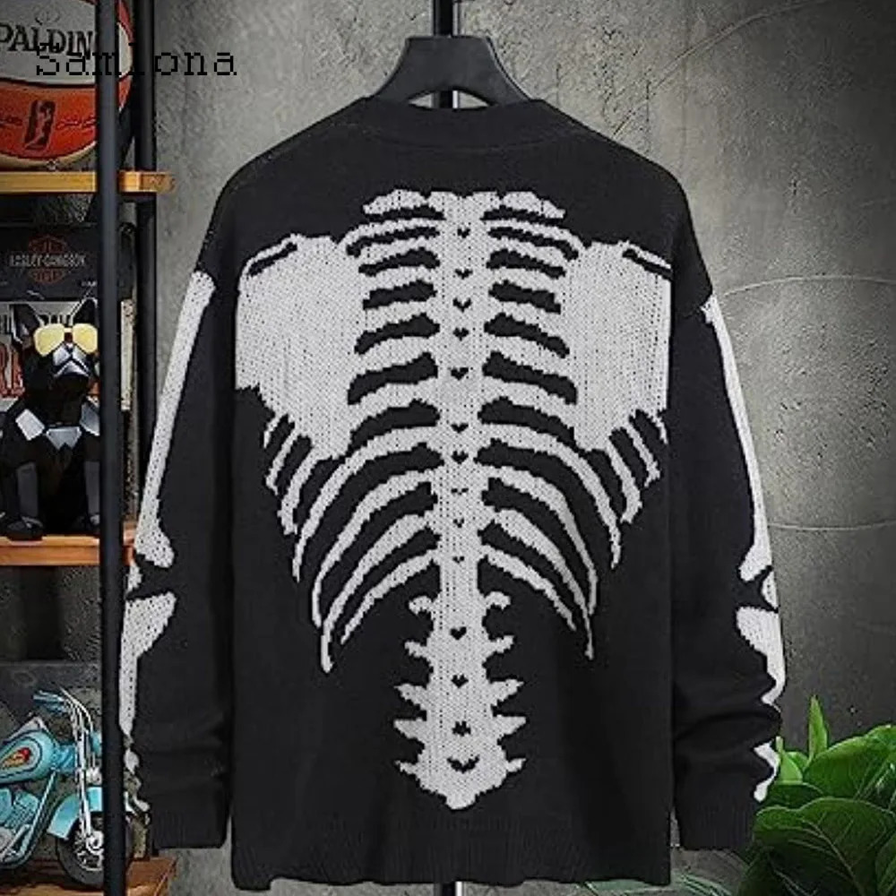 Plus Size Mens Casual Retro Knitted Sweaters Halloween Gothic Fashion Skull Print Top Cardigan Mens Collarless Sweater 251020