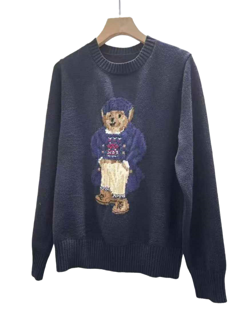 Fashion RL Designer brand, hot-selling knitted long-sleeved sweater with cartoon pattern and embroidered wool round neck.