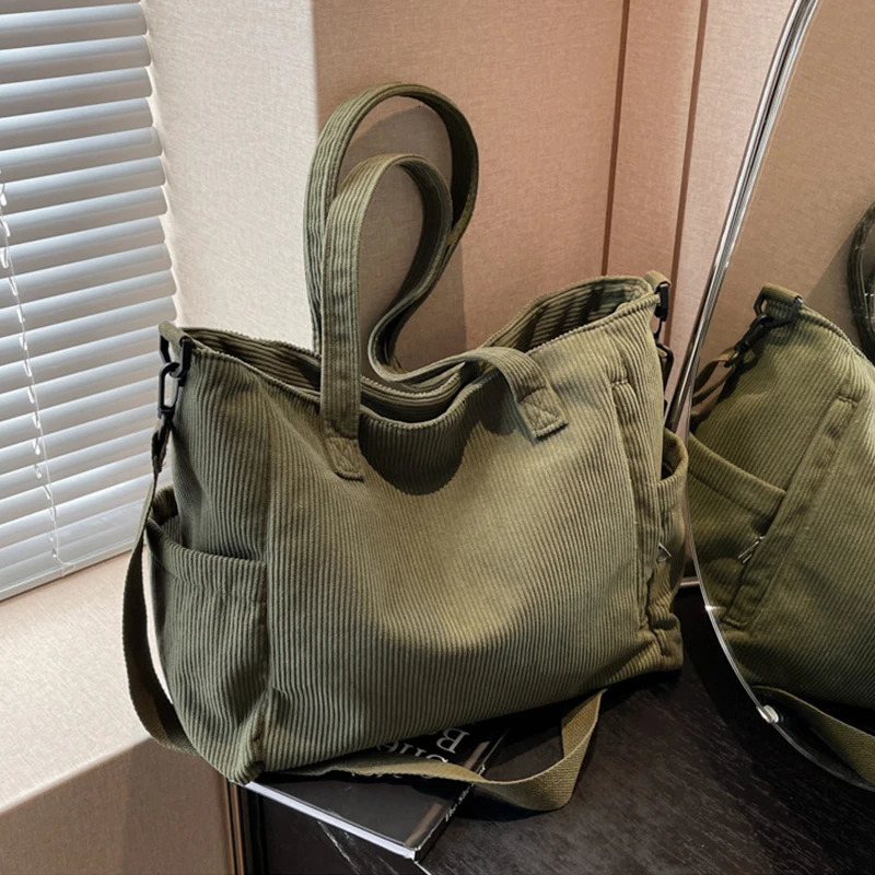 Women Corduroy Tote Bag Casual Multi Pocket Handbag Adjustable Strap Crossbody Sling Zipper Shoulder Fall Winter 251018