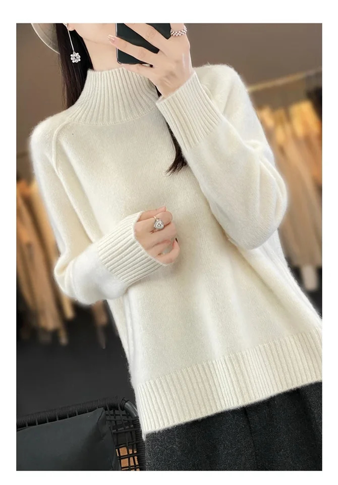 Womens HighNecked Cashmere Sweater 100 Soft Wool Thickened Lazy Raglan Sweater with Slit for Autumn Winter Comfortable Waxy W 251023