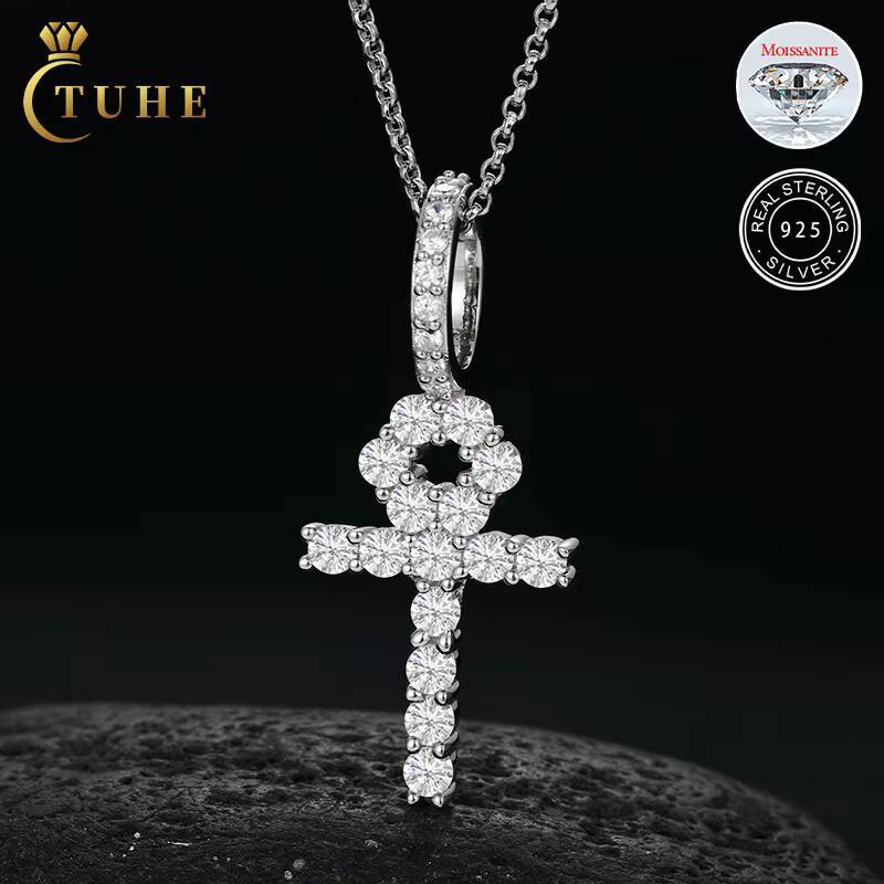 Fashion Jewelry 925 Sterling Silver VVS Moissanite Diamond Ankh Cross Pendant Necklace
