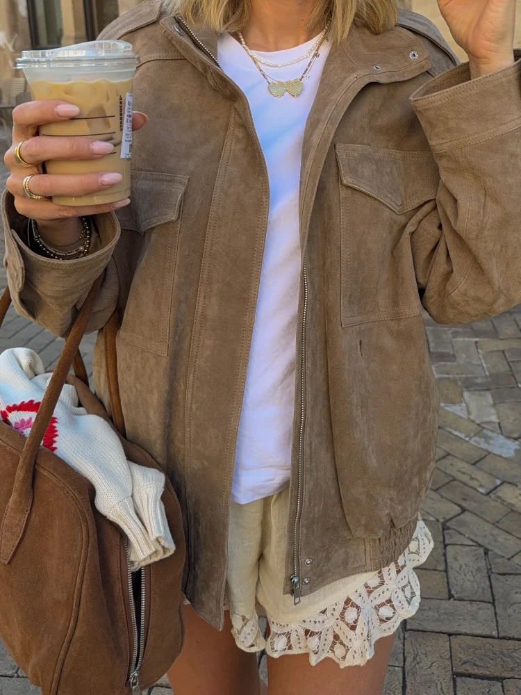 Casual Khaki Suede Jacket Women Fashion Chic Stand Collar Zipper Pocket Loose Outerwear Lady Autumn Daily Highstreet Jackets 251020