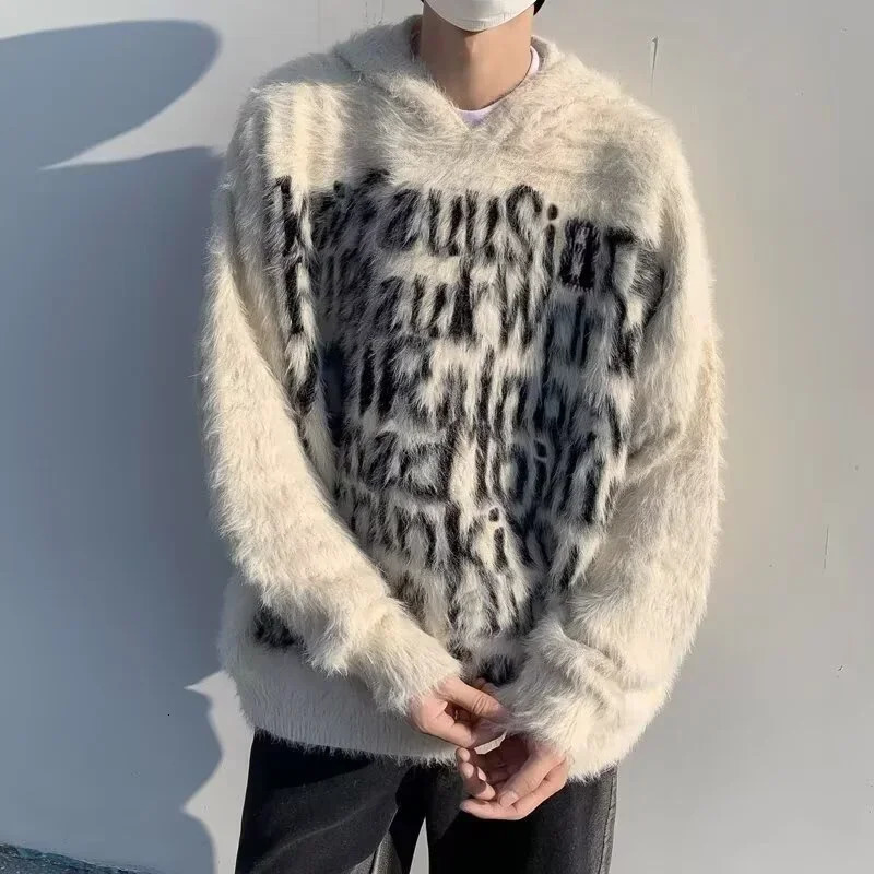 American Goth Fashion Hooded Sweater Mens Hip Hop Letter Jacquard Knitted Pullovers Y2K Streetwear Loose Jumpers Man 251020