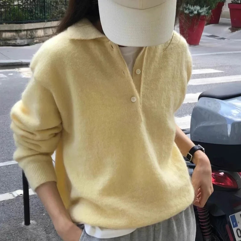 100 Wool Womens Knitted Sweater 2025 AutumnWinter Solid Color Casual Collar Polo Wool Sweater 251023