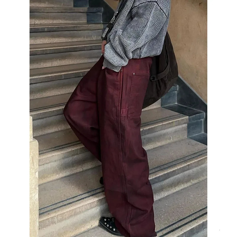 2025 Vintage Women Burgundy Jeans High Waist Y2K ed American Style Streetwear Denim Pants Casual Female 90S Trousers 251023
