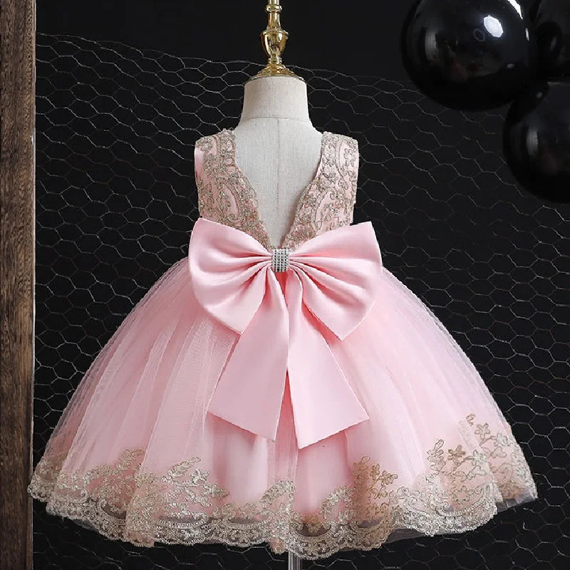 Summer Childrens Elegant Evening Dress Lace Embroidered Lace Birthday Party Sleeveless Bow Girl Princess Dress 251023