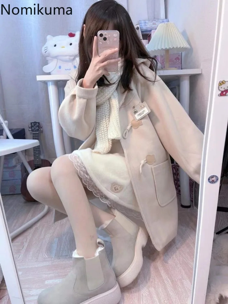 Preppy Style Wool Coat Women Japanese Blends Ropa Mujer Hooded Solid Color Oversized Outwear Casual Fashion Thick Jackets 251020