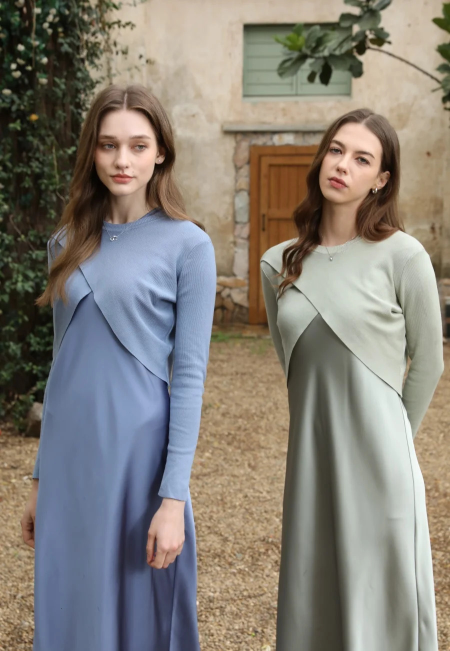 AS spring summer elegance satin dress knitted top match set maxi floor length woman clothes 251020