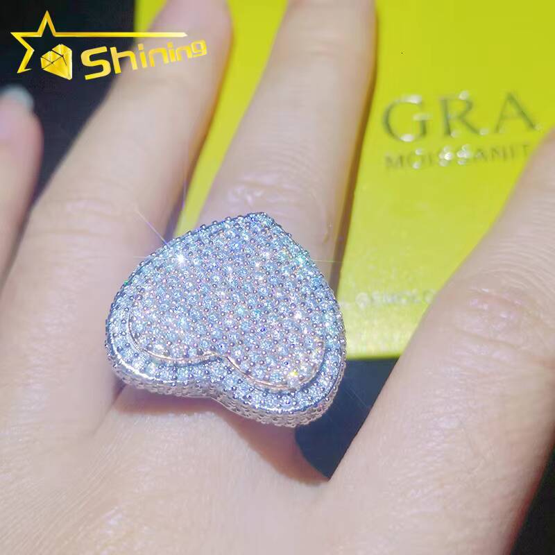 Newest Designs Solid Sterling Silver Mens Heart Shape Iced Out Moissanite Diamond Hiphop Rings