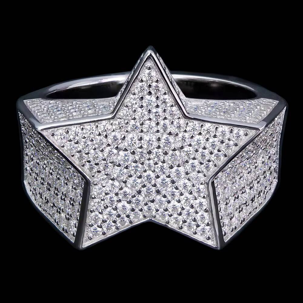 Factory Wholesale Custom Bulk 925 Sterling Silver Hip Hop Jewelry Pave Iced Out Diamond Mossanite Moissanite Star Ring for Men