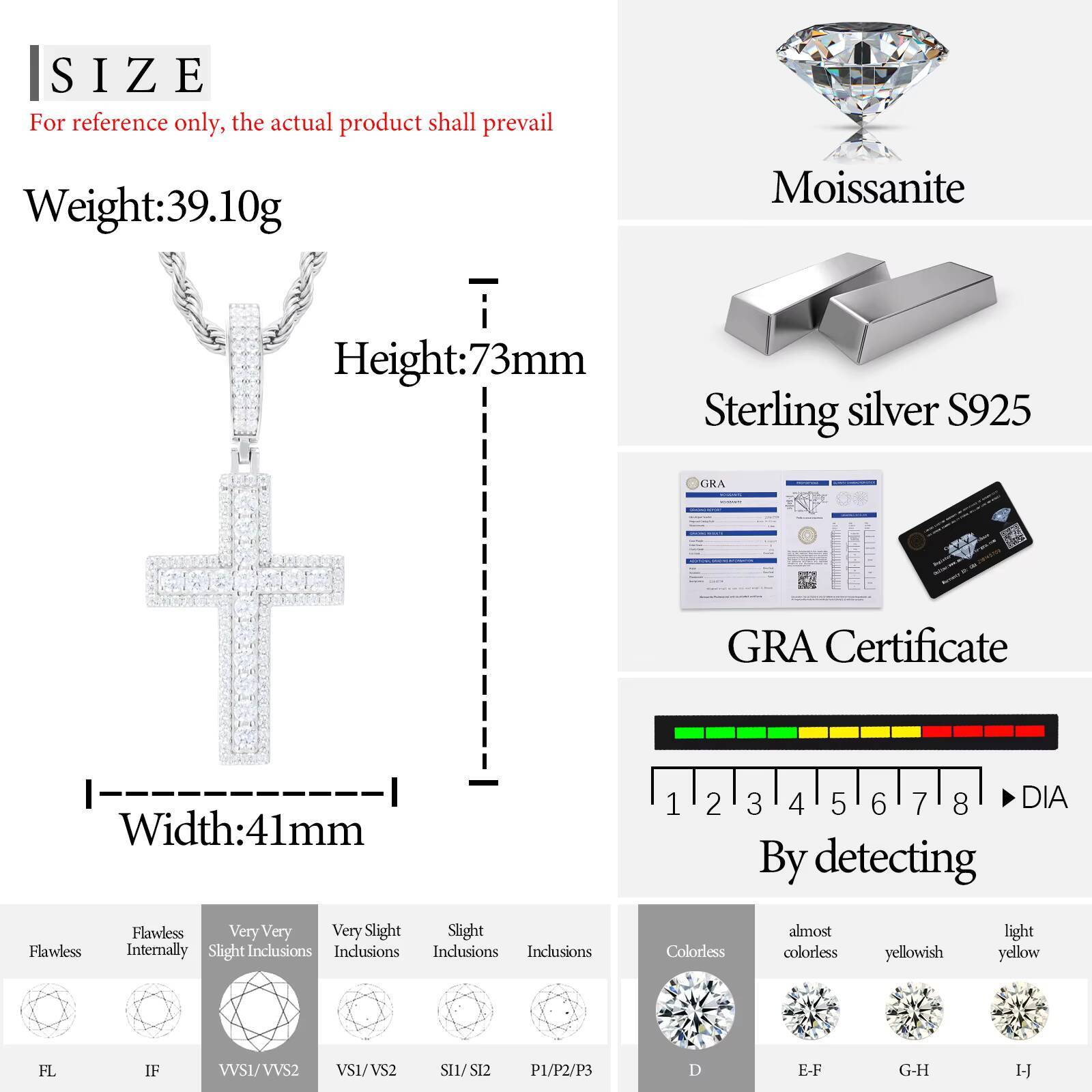 Christian Jewelry Fashion 925 Sterling Silver Lab Grown Moissanite Diamond Iced Out 2 Layers Cross Pendant for Men