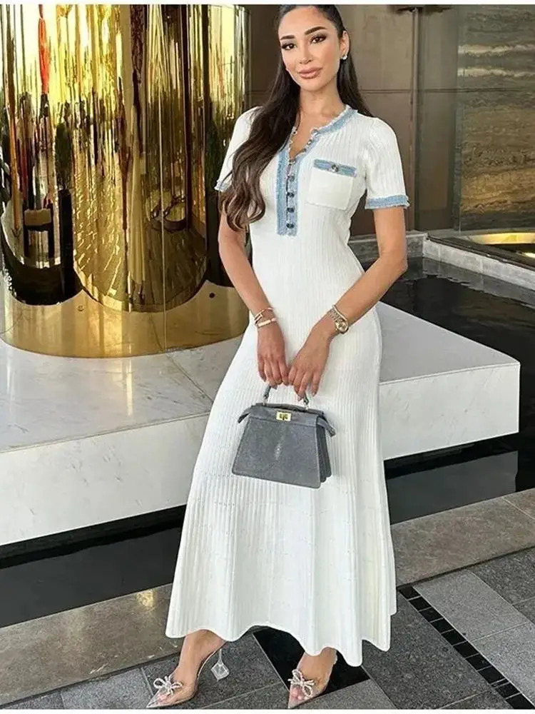 Elegant V Neck Denim Patchwork Knitted Long Dress Women Fashion Short Sleeved Buttons Bodycon Dresses Office Lady Pockets Robes 251023