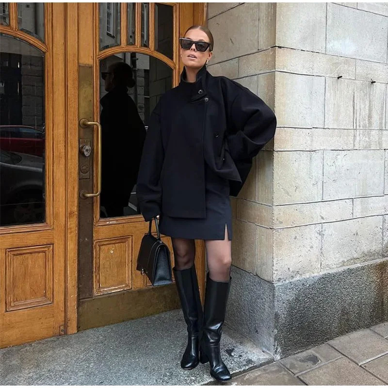 Women Fashion Stand Collar Woolen Jacket Single Breasted Long Sleeve Female Coat 2025 Autumn Chic Street Office Short Outerwears 251017