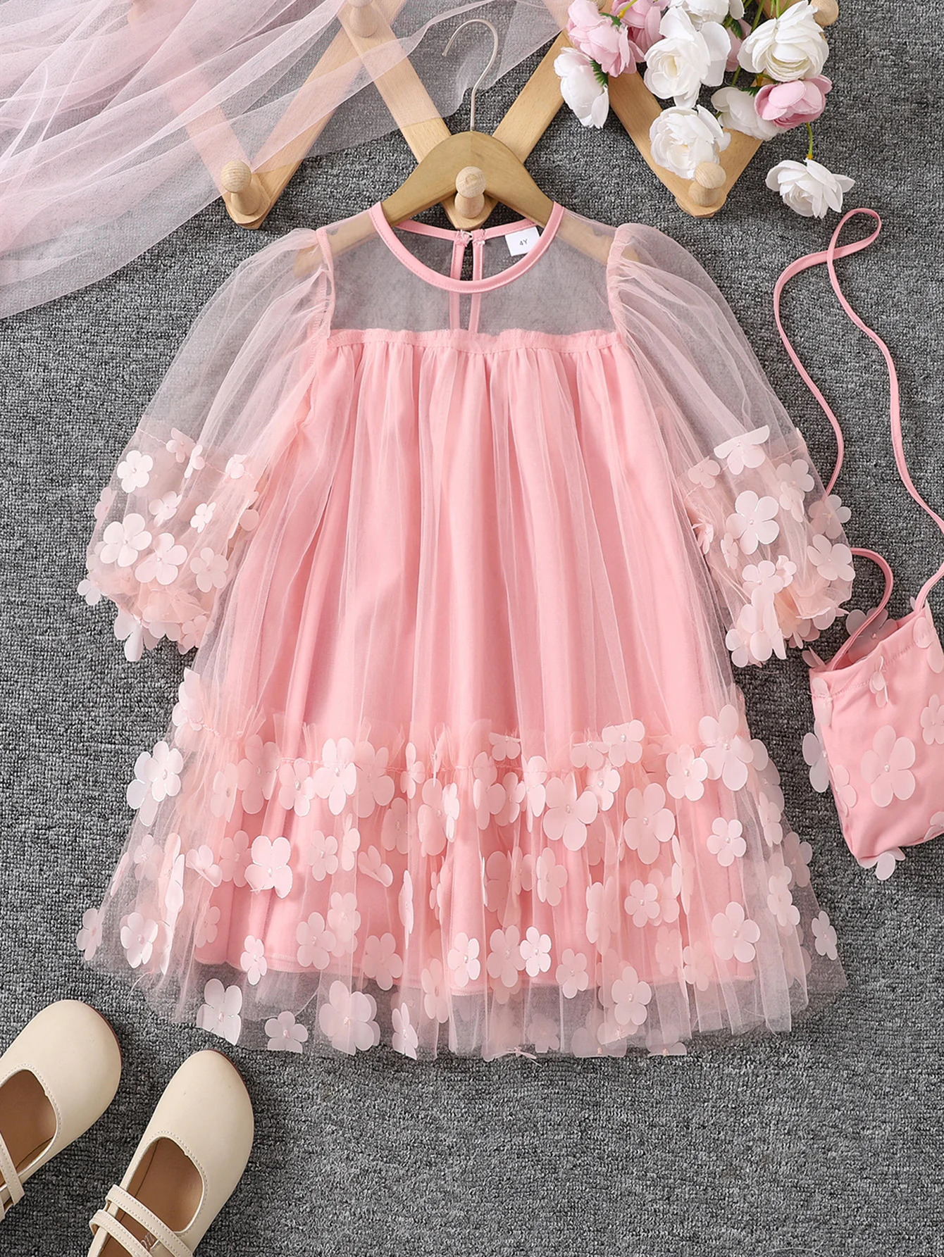 Girls Spring and autumn gauze Mosaic threedimensional flower fashion princess dress with bag dress 251023