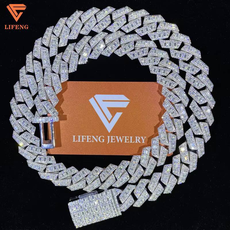 Lifeng Jewelry 18mm Baguette Cut VVS Moissanite Necklace Miami Cuban Link Chain Iced Hiphop 925 Silver Diamond Moissanite Chain