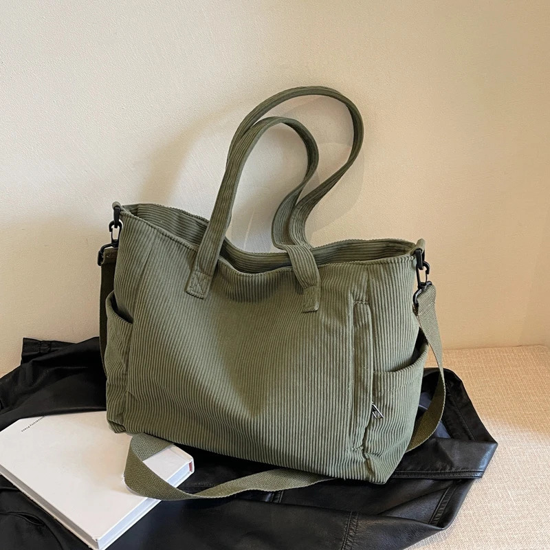 Women Corduroy Tote Bag Casual Multi Pocket Handbag Adjustable Strap Crossbody Sling Zipper Shoulder Fall Winter 251018