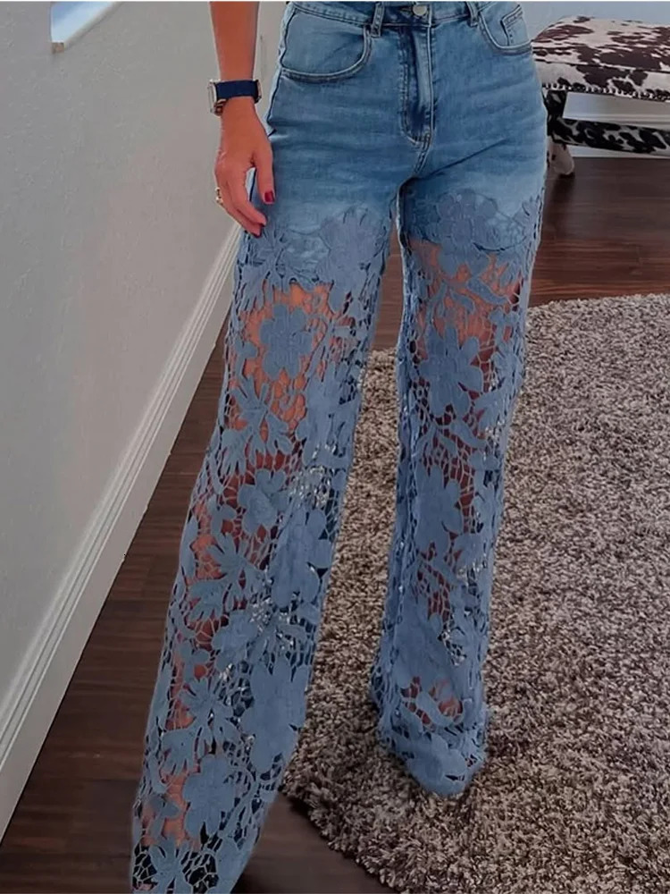 Plus Size Womens Stretch Denim Jeans With CutOut Lace Splicing Summer High Waist Wide Pants Elegant Female Chic Trousers 251023