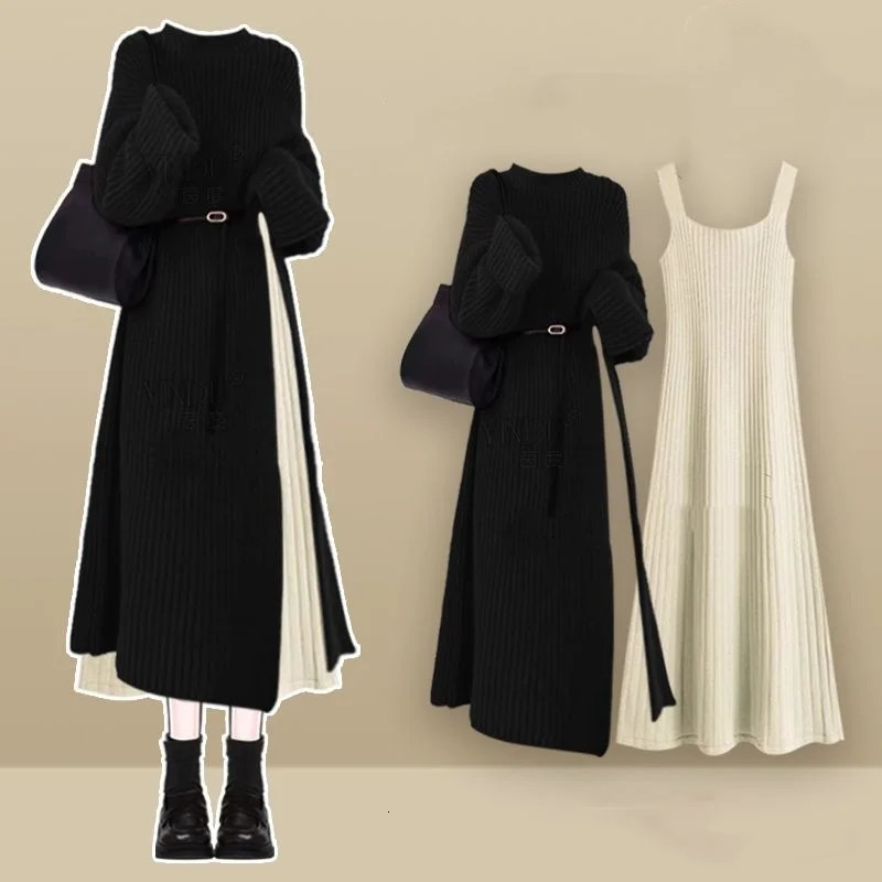 Womens Spring Autumn Long Split Sweater Sling Dress Two Piece Set Lady Graceful Black Knit Clothing Sleeveless Dresses Outfits 251020