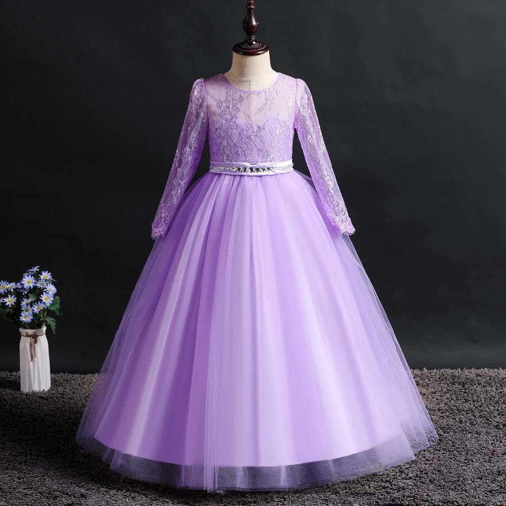 Long sleeved girls fluffy skirt with lace and diamond flower child wedding dress bridesmaid dress for 3 to 12 Year 251023