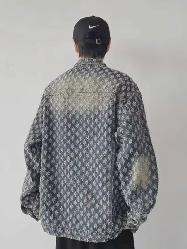 Designer Men's Denim Jacket Washed Jacquard Pattern Loosen Fit Vintage design Coats Jackets Tops Males Casual Winter Clothes Asian Size M-3XL
