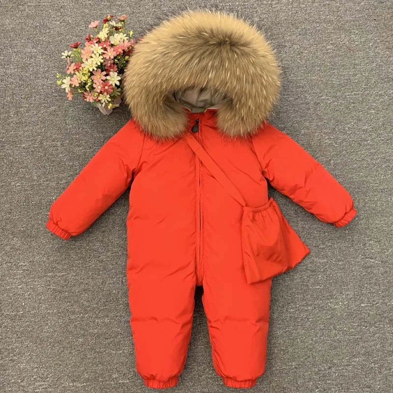 30 Degree Infant Snowsuit Fur Collar Duck Down Filling Thick Warm Toddler Boys Girls Down Rompers Baby Winter Jackets 251023