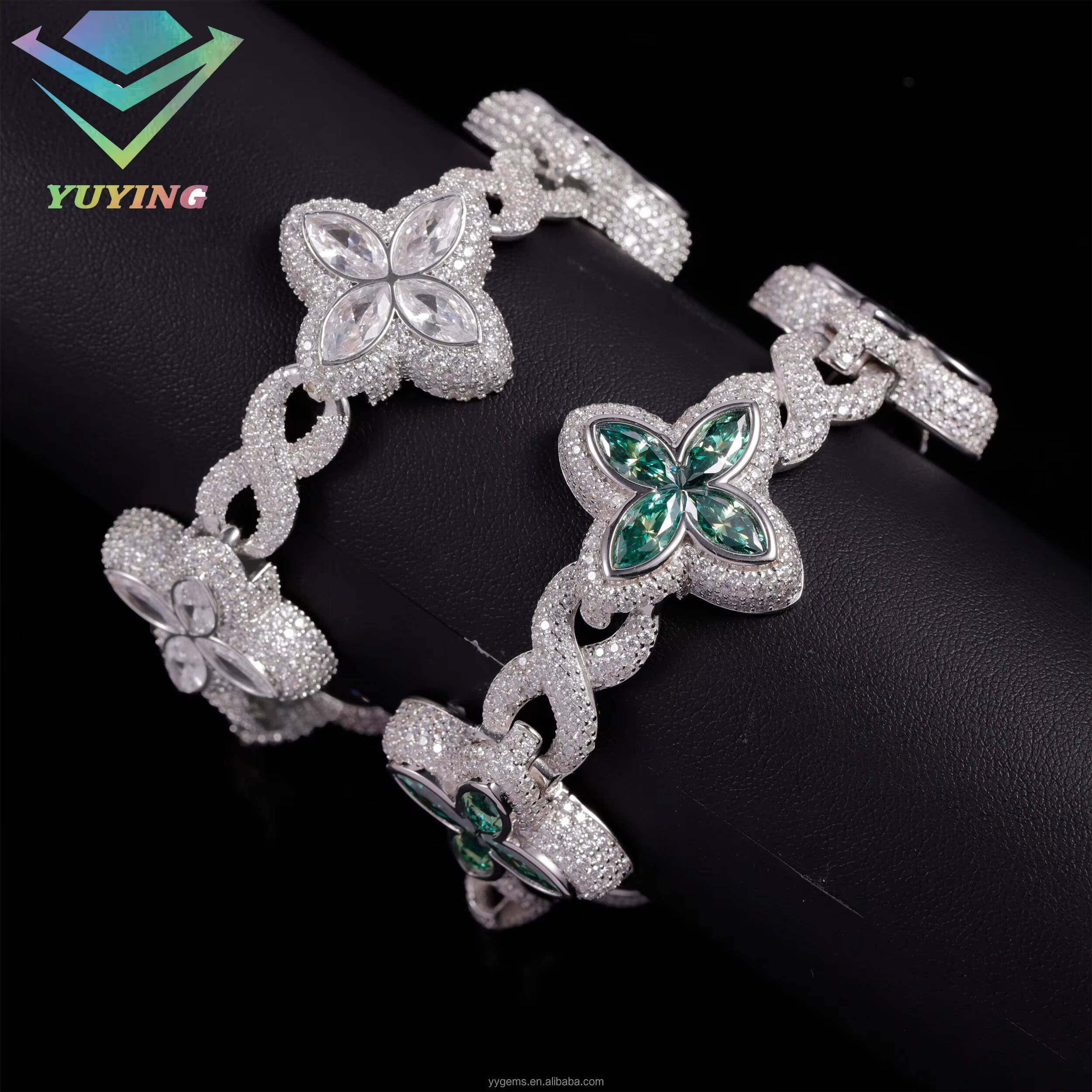 Yy New Design Iced Out Clovers Vvs Moissanite Bracelets Cuban Chain 925 Sterling Silver Fine Jewelry Bracelets for Men Women