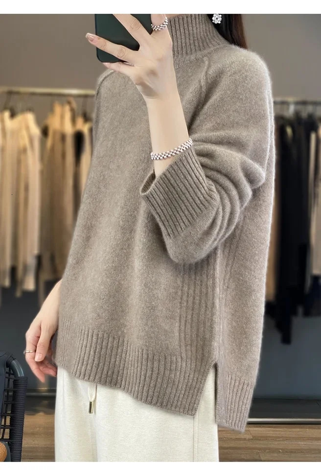 Womens HighNecked Cashmere Sweater 100 Soft Wool Thickened Lazy Raglan Sweater with Slit for Autumn Winter Comfortable Waxy W 251023