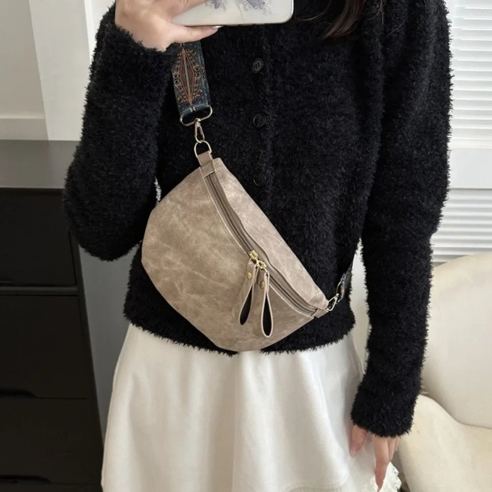 Fashion Dumpling Shape PU Leather Waist Bag Korean Style Wide Strap Chest Bag Message Bag Zipper Women Crossbody Bag Streetwear 251023