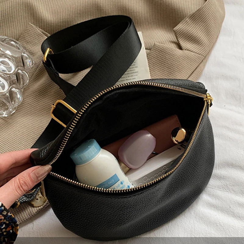 Fashion Woman Chest Bag Black Color Wide Single Strap Zipper Half Moon PU Leather Messenger Shoulder Bags Fanny Pack 251023