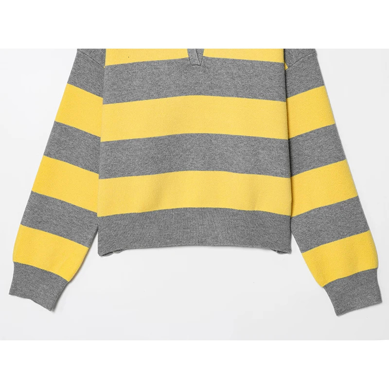 YENKYE 2025 Women Striped Knit Polo Neck Sweater Long Sleeve Casual Loose Autumn Pullover Tops 251023