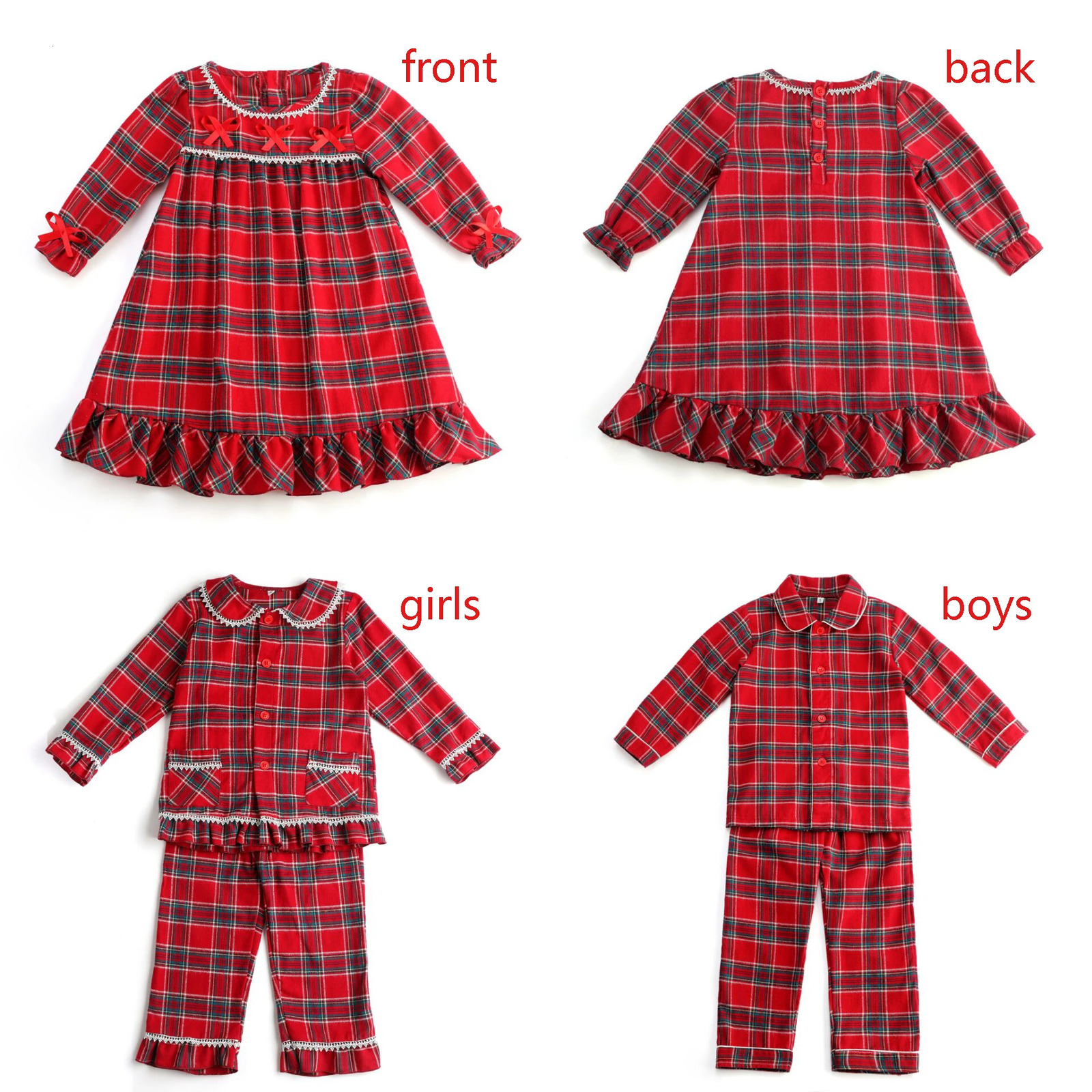 Flannel Christmas Family Matching Outfits Boys And Girls Ruffle Pajamas White Lace Red Long Sleeve Baby Button Kids Pyjamas Sets 251023