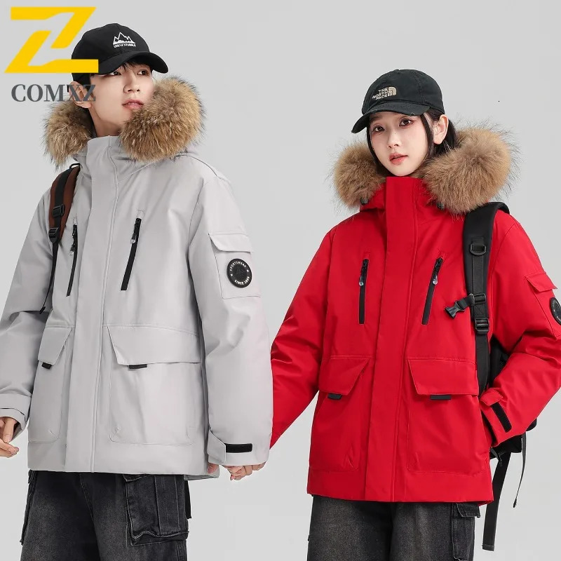 COMXZ Winter Down Jacket Men Women Highquality Warm Fluffy Fur Collar White Duck Down Coat Parkas Korean Hooded Ski Puffer 251020