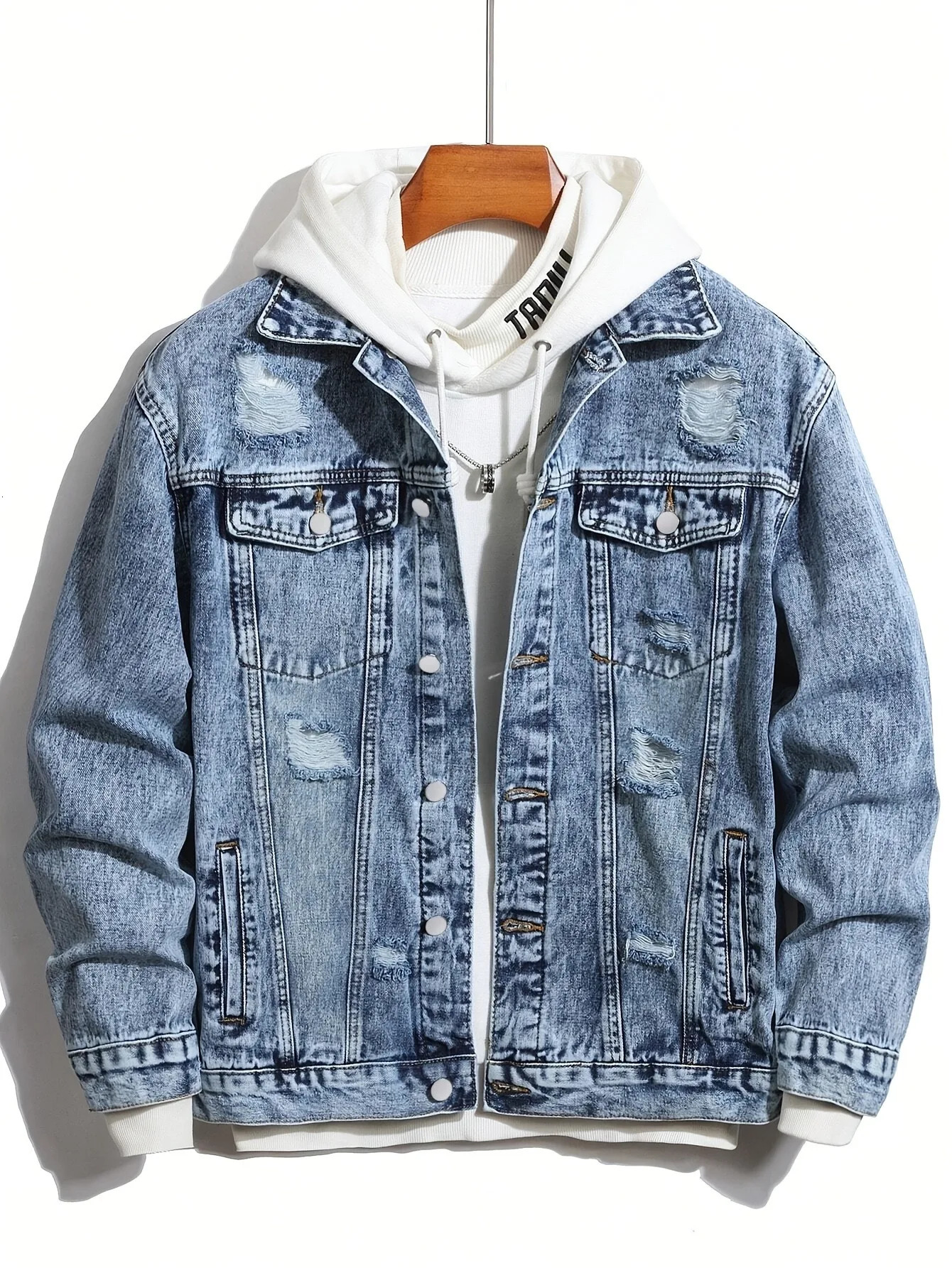 1PC Mens Four Seasons Explosion Destruction Washed Stone Wash Print Light Jacket Everyday American Street Casual Denim 251017