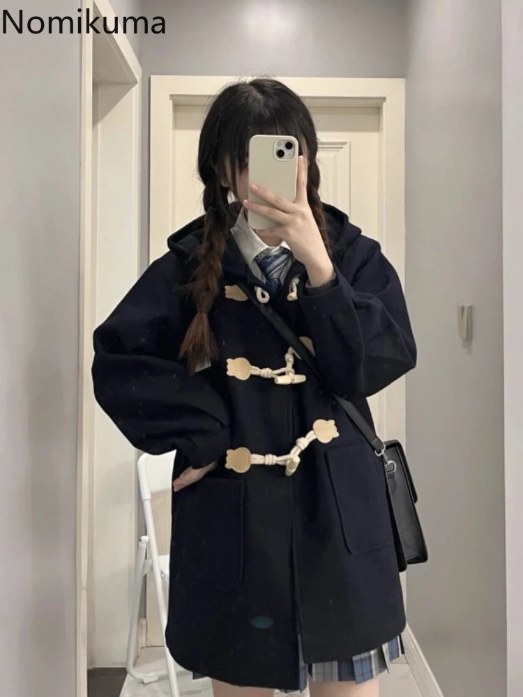 Preppy Style Wool Coat Women Japanese Blends Ropa Mujer Hooded Solid Color Oversized Outwear Casual Fashion Thick Jackets 251020