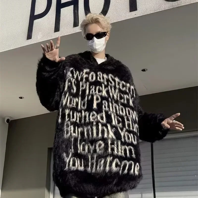 American Goth Fashion Hooded Sweater Mens Hip Hop Letter Jacquard Knitted Pullovers Y2K Streetwear Loose Jumpers Man 251020