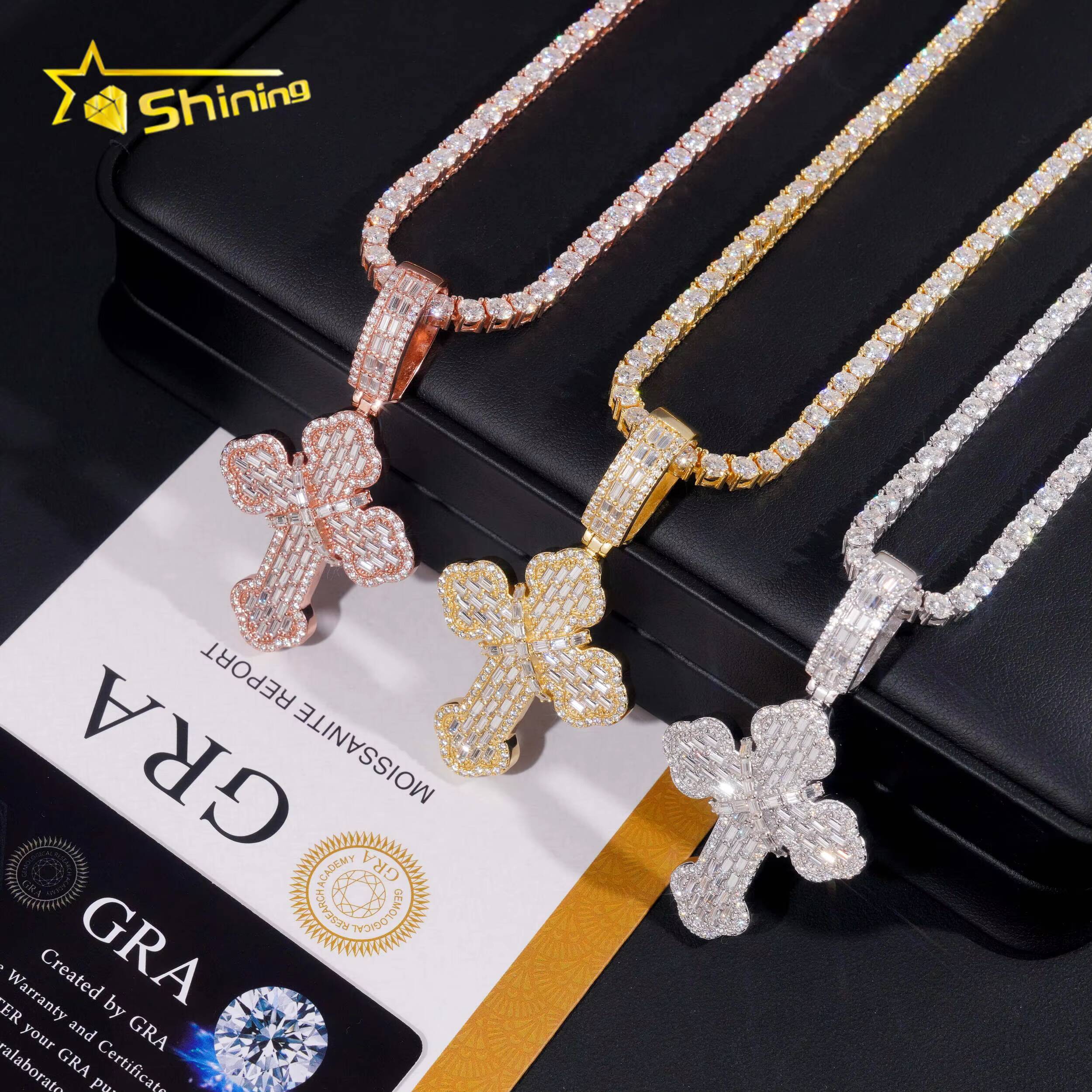 Worldwide Shipping Fully Iced Out Baguette Moissanite Charms Pendant 925 Silver Gold Plated Hip Hop Moissanite Cross Pendant