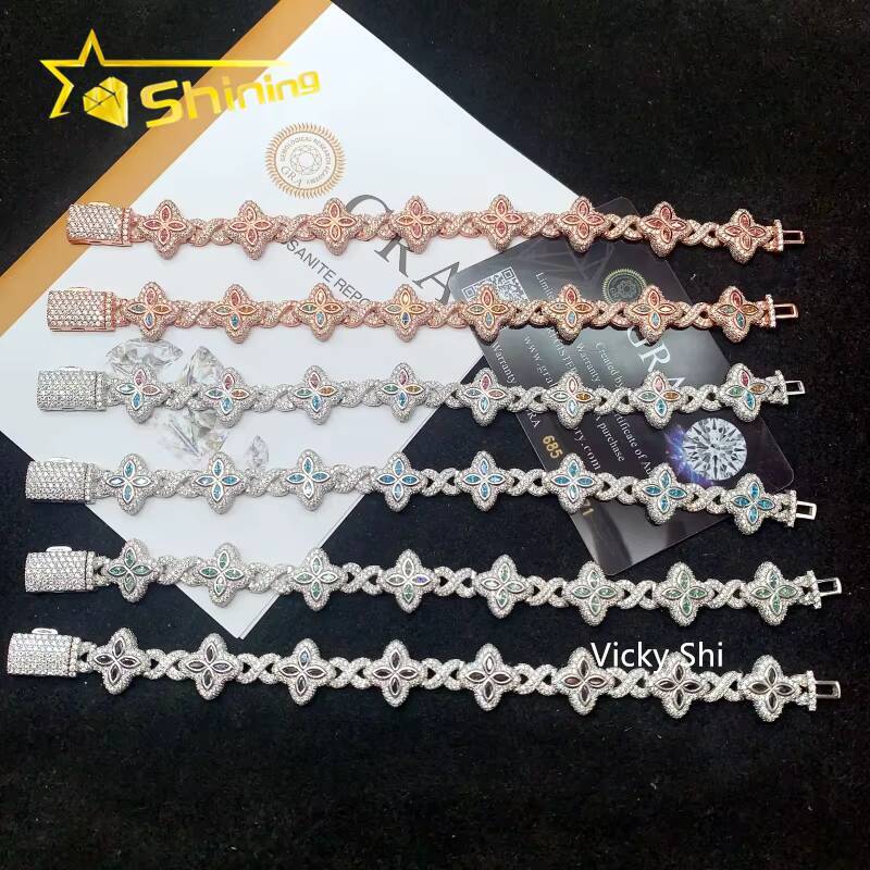 Hot Selling 15MM 925 Sterling Silver Cuban Clover Bracelets Iced Out Hip Hop Infinity Colored Moissanite Cuban Bracelet