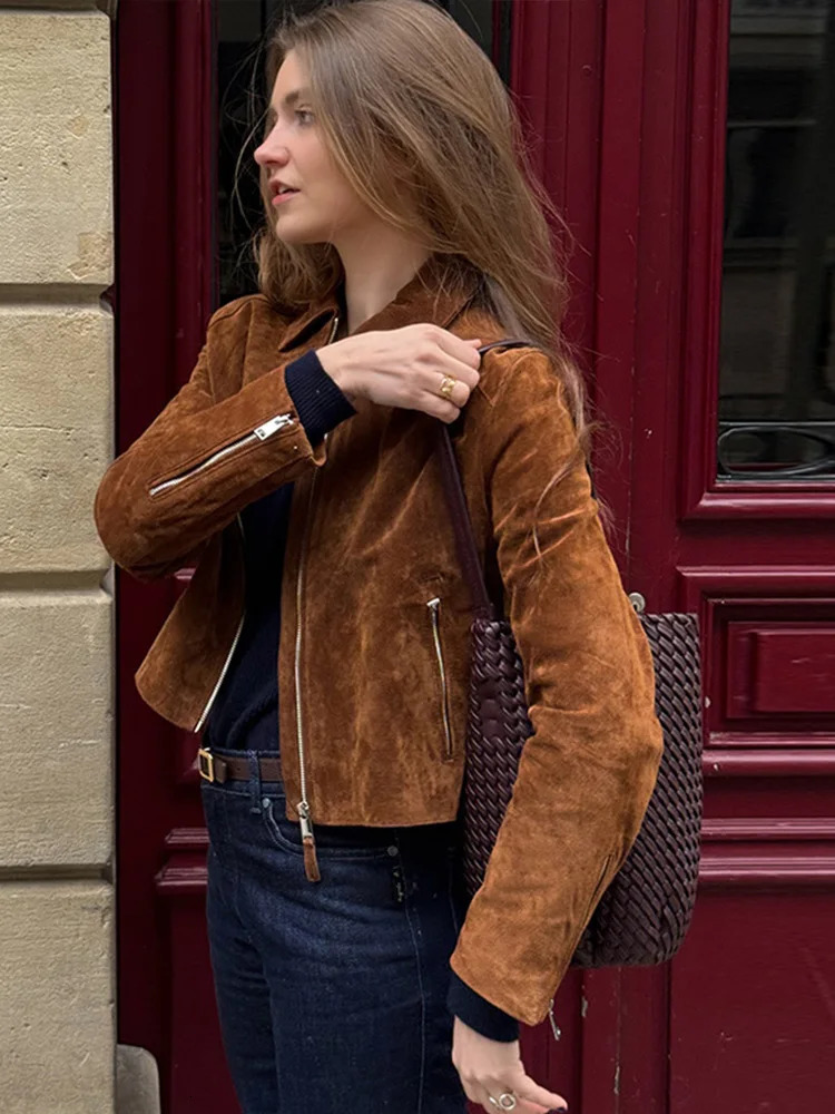 Vintage Womens Zipper Suede Short Jacket Long Sleeve Lapel Pockets Brown Slim Coat Autumn Lady Allmatch Outwears 251020