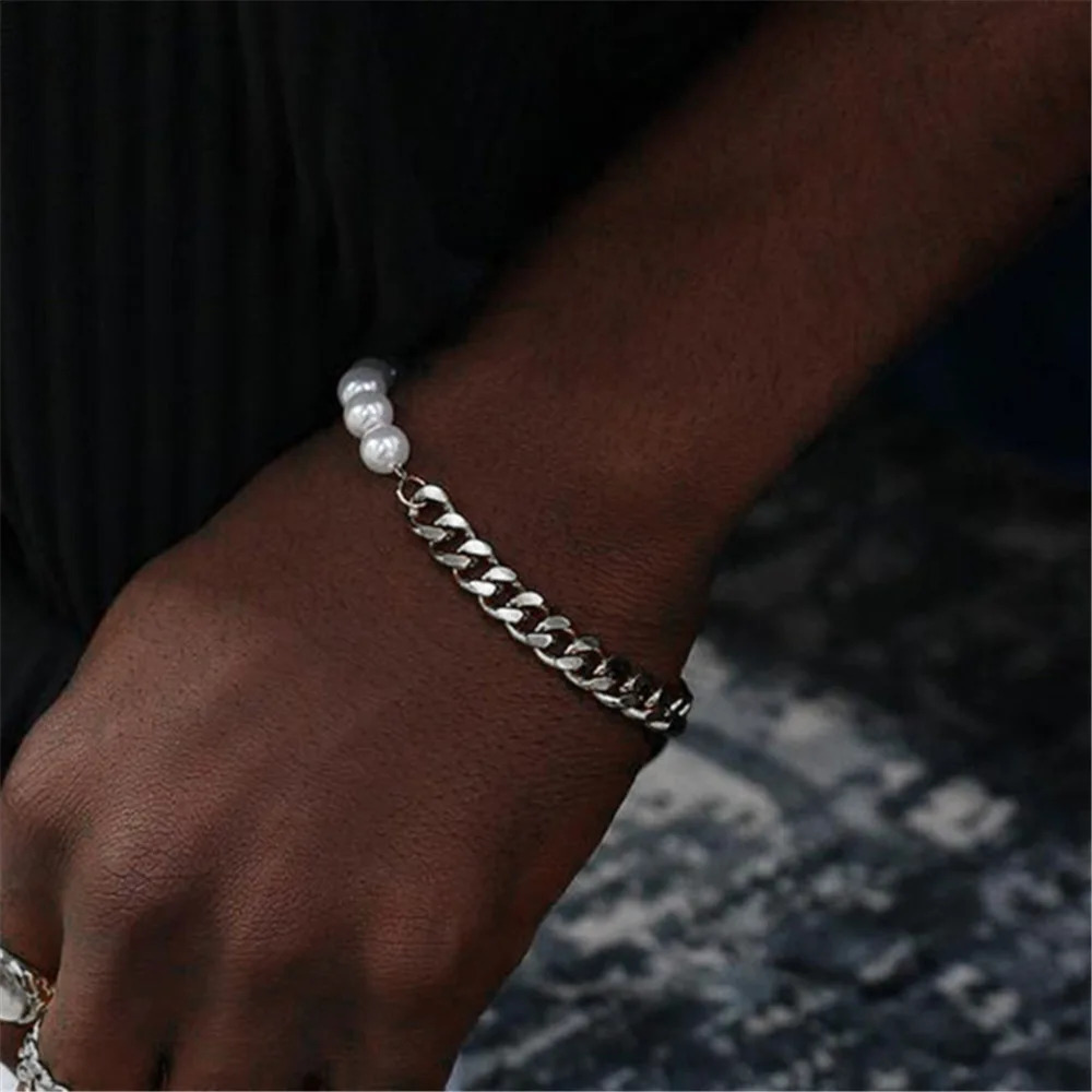 Simple Stainless Steel Pearl Stitch Bracelet Silver Color Men Cuban Chain Bracelet Retro Party Jewelry Mens Fashion Accessories 251023