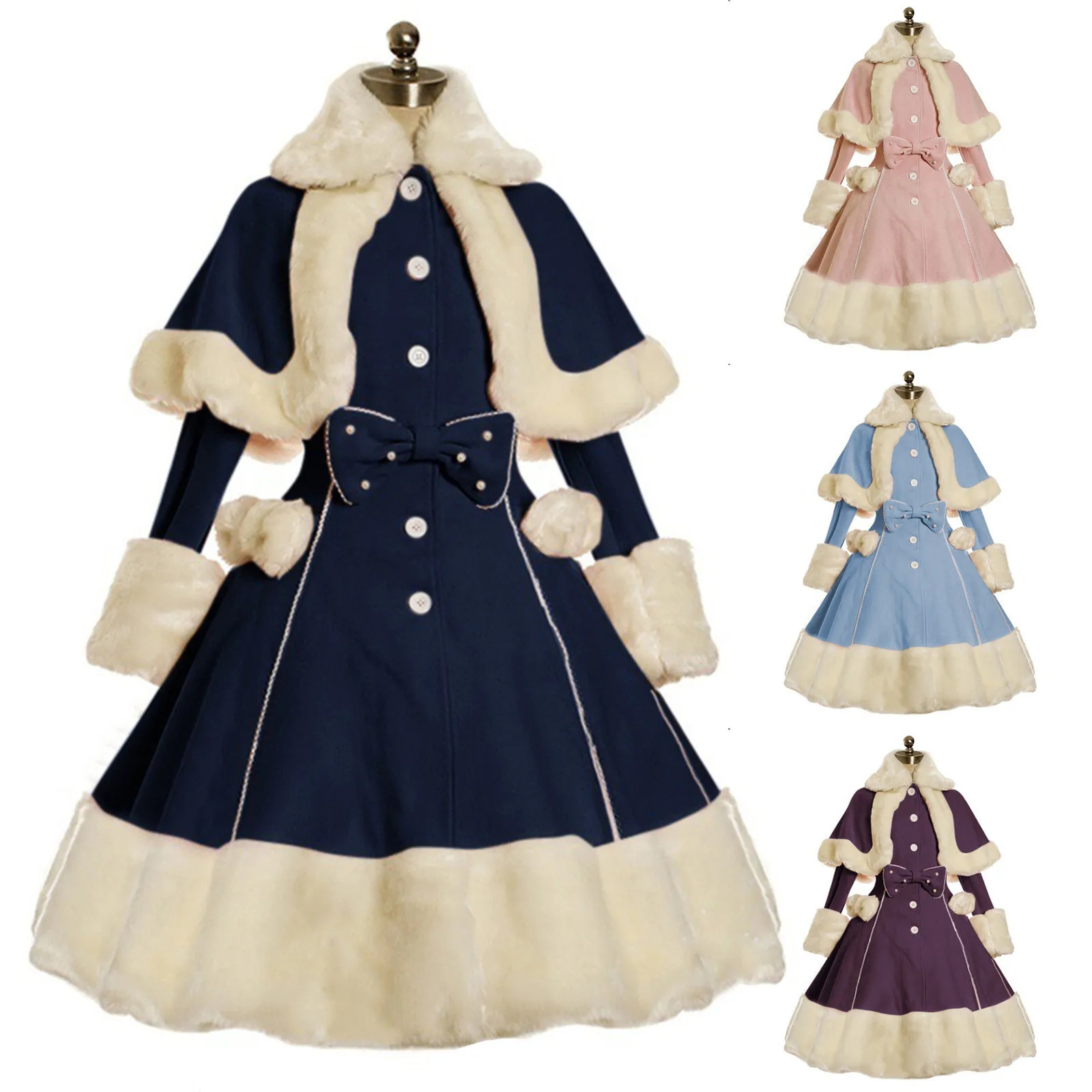 Womens Retro Princess Long Dresses Solid Trumpet Sleeve Fashion Thick Furry Ponchos Evening Dress Girls Xmas Plus Size Vestidos 251023