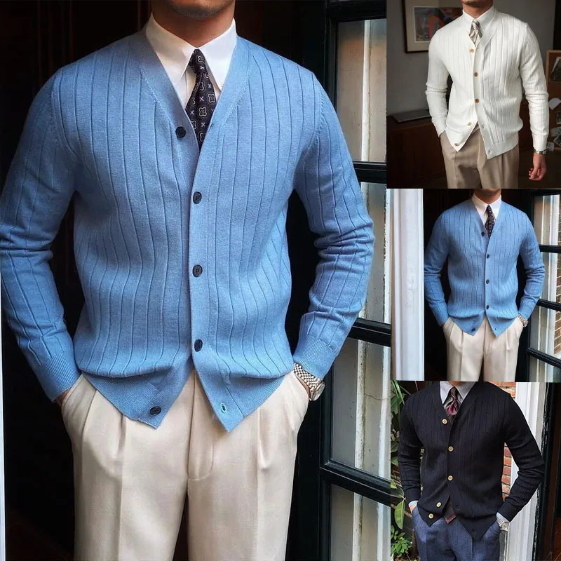 Autumn Winter Mens Business Casual V Neck Cardigan Solid Color Knit Sweatercoat Male Slim Fit Long Sleeve Knitted Sweater Tops 251020