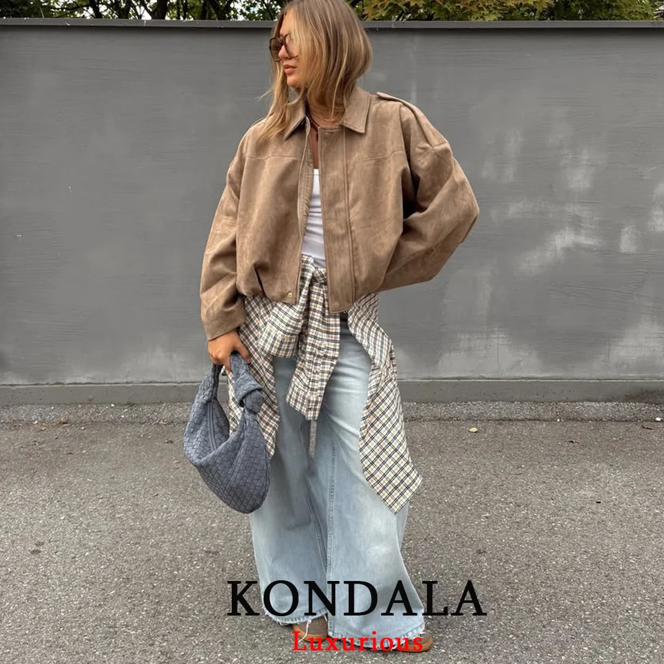 KONDALA Casual Chic Khaki Suede Bomber Jackets Women Long Sleeve Zipper Oversized Coats Fashion Fall Winter Outwears 251020