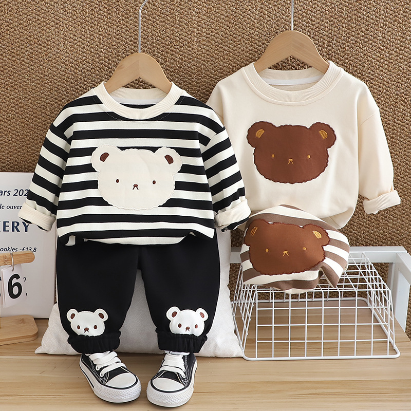 kids designer clothes 2025 Boys Bear Print Hoodie 2-Piece Set, Autumn Casual Outfit for Toddler Boys, Cute Animal Themed Clothes for Baby Boys