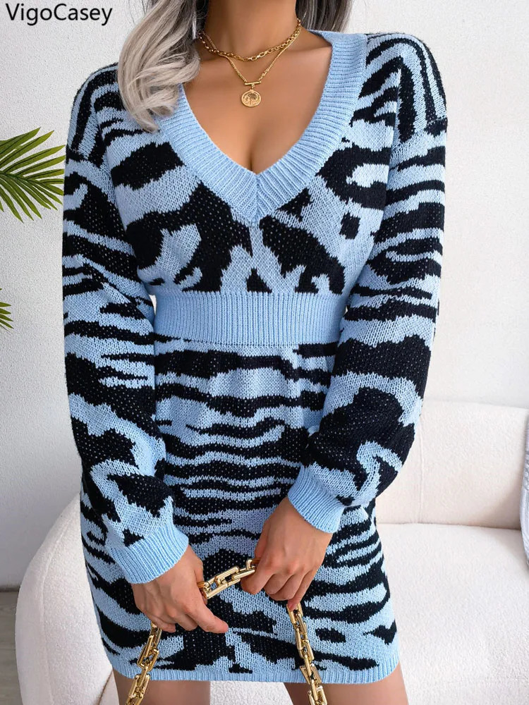 VigoCasey 2025 Print V Neck Casual Knit Dress Autumn Winter Women Long Sleeve Mini Dress Sexy Lady Bodycon Knitted Short Dresses 251023