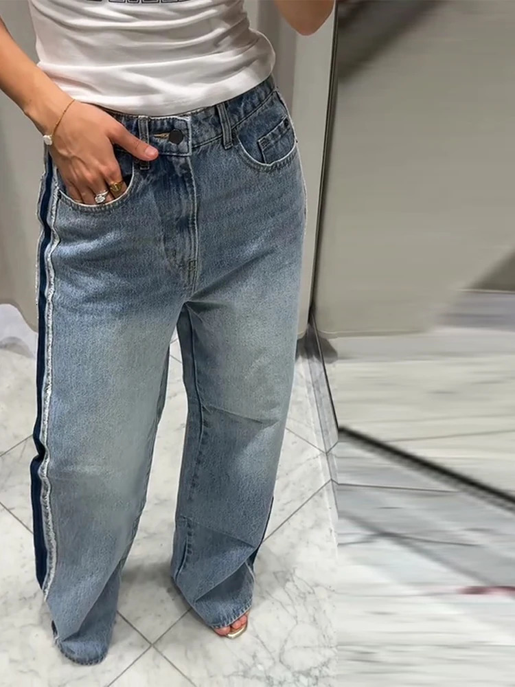Chic Patchwork Womens Denim Jeans Pant High Waist Wide Leg Baggy Pants Trendy Spring Autumn Streetwear Casual Daily Trousers 251023